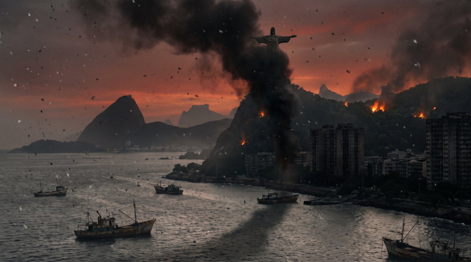 O Rio depois do fim do mundo: o Cristo no meio da fumaça e o Pão de Açúcar contra o céu laranja