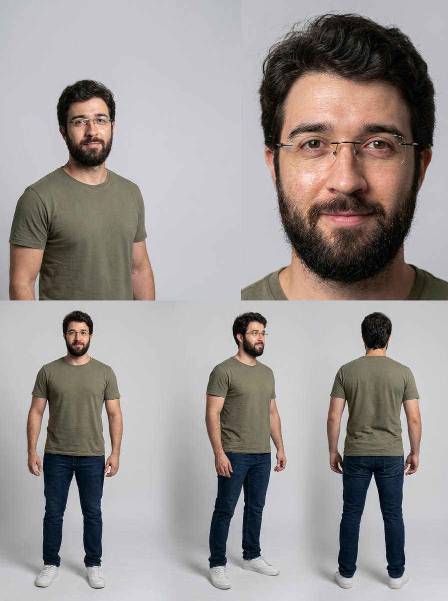 O character sheet: dois retratos grandes do rosto em cima e três vistas do corpo inteiro embaixo