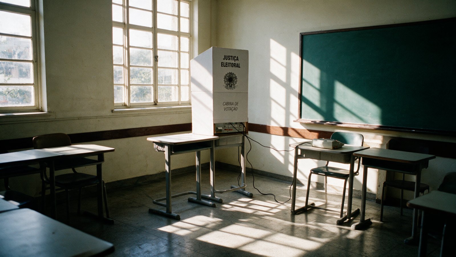 A seção eleitoral gerada: sala de aula com a cabine de papelão branca, a urna e o sol entrando pelas janelas