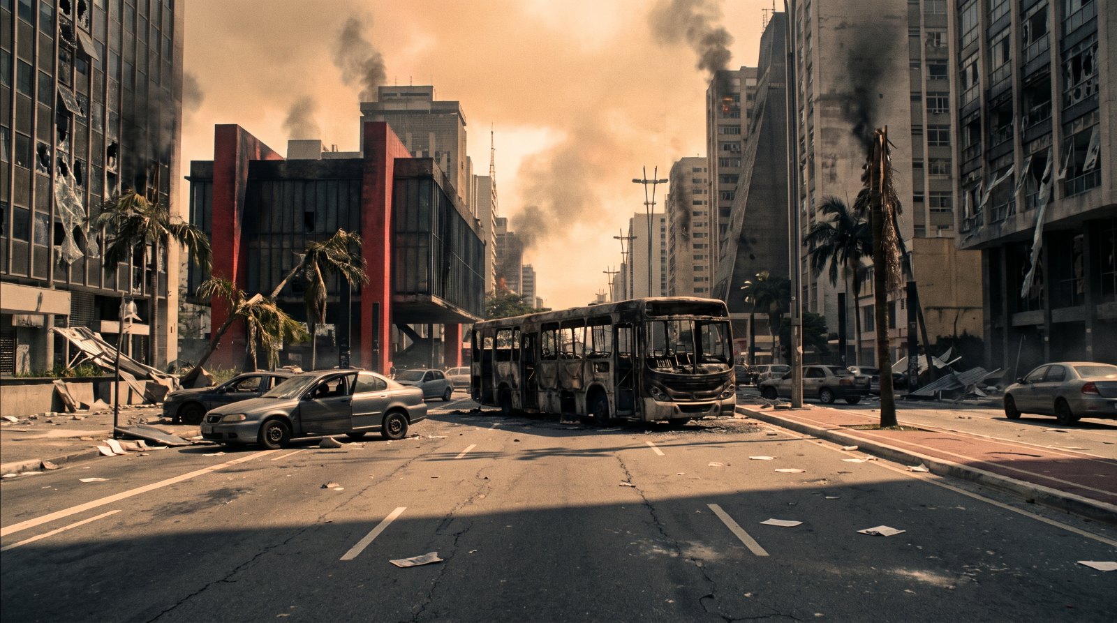 A Avenida Paulista abandonada, com o MASP escurecido e um ônibus queimado