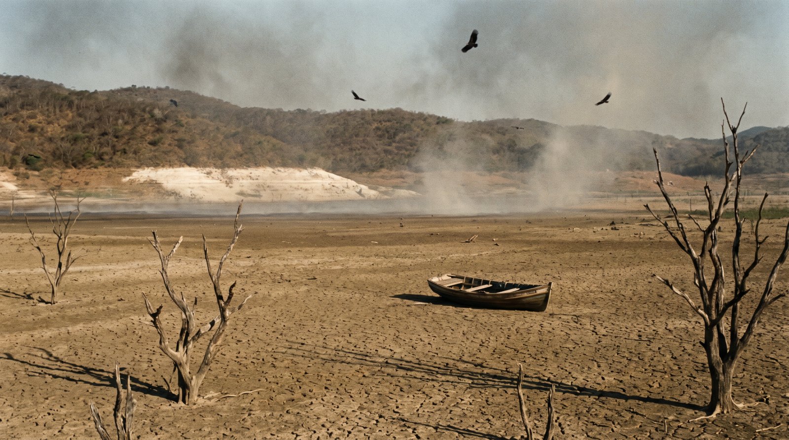 Uma represa completamente seca, com um barco encalhado na lama rachada