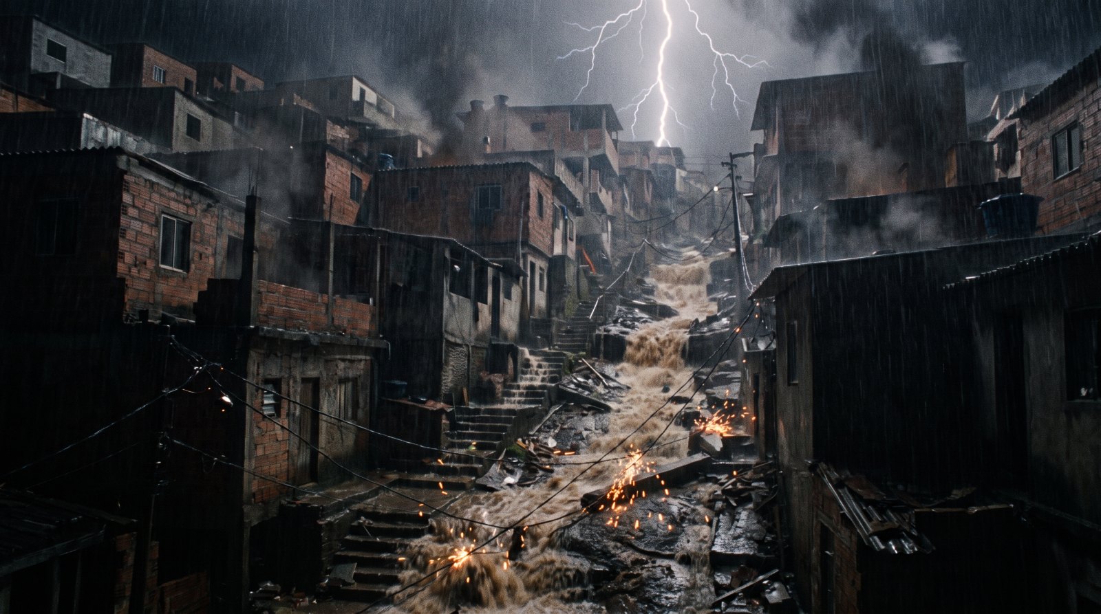 Um morro do Rio durante uma tempestade à noite, com a água descendo pelas escadas