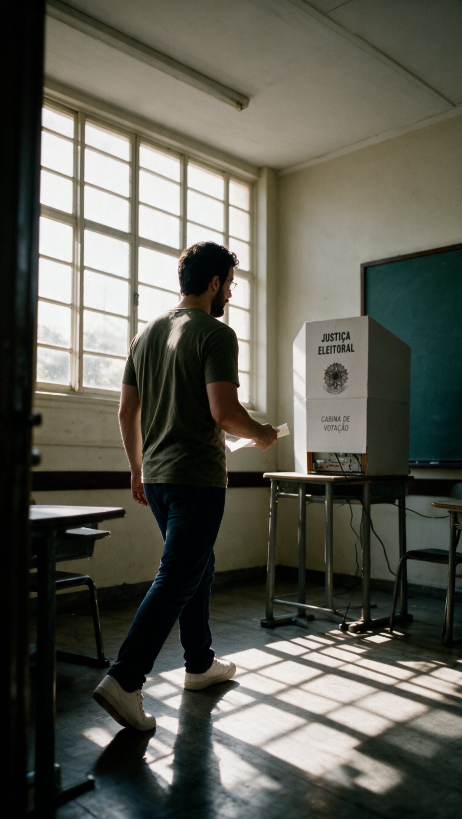 Ele entrando na sala de aula em direção à cabine, com o sol da janela no rosto