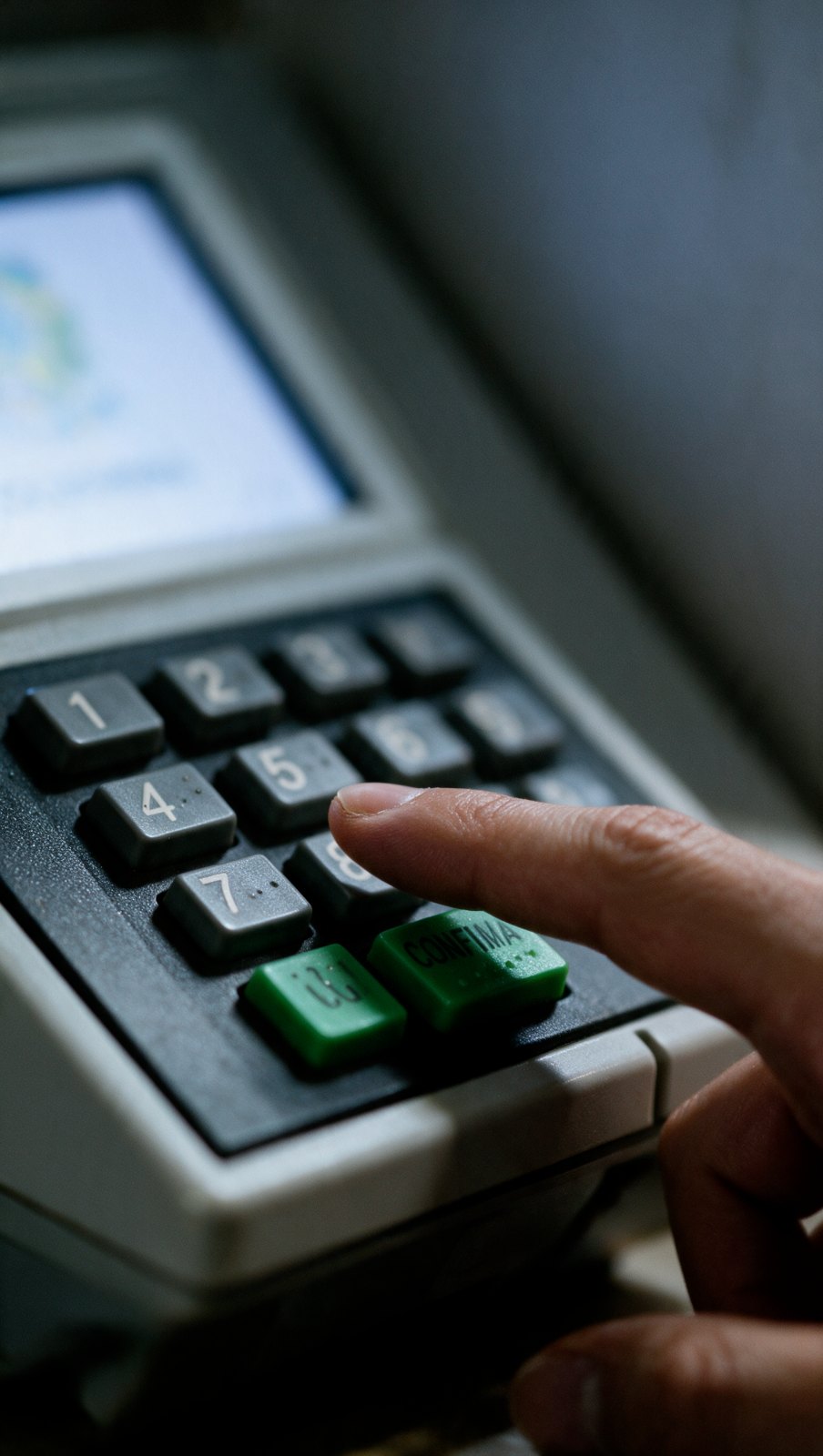 Macro do dedo parado a milímetros da tecla verde CONFIRMA