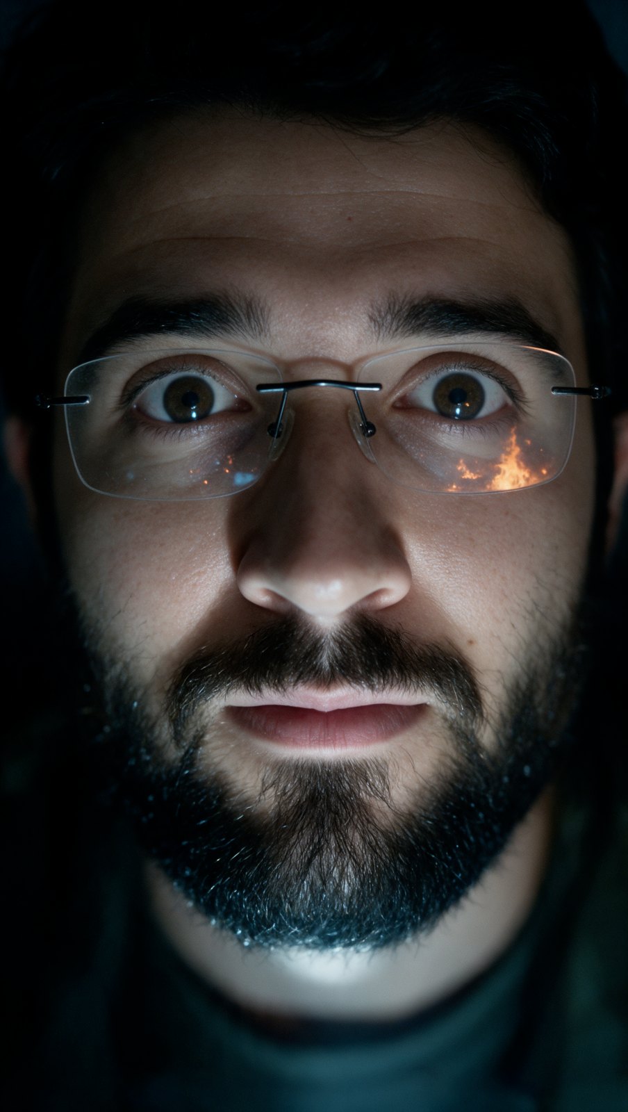 Close nos olhos dele, arregalados, com o reflexo do fogo nas lentes dos óculos
